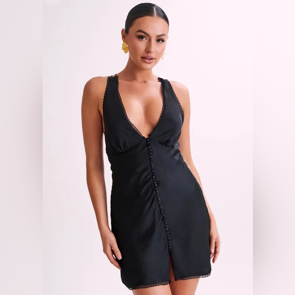 Meshki Amiri Black Satin Mini Dress with Lace